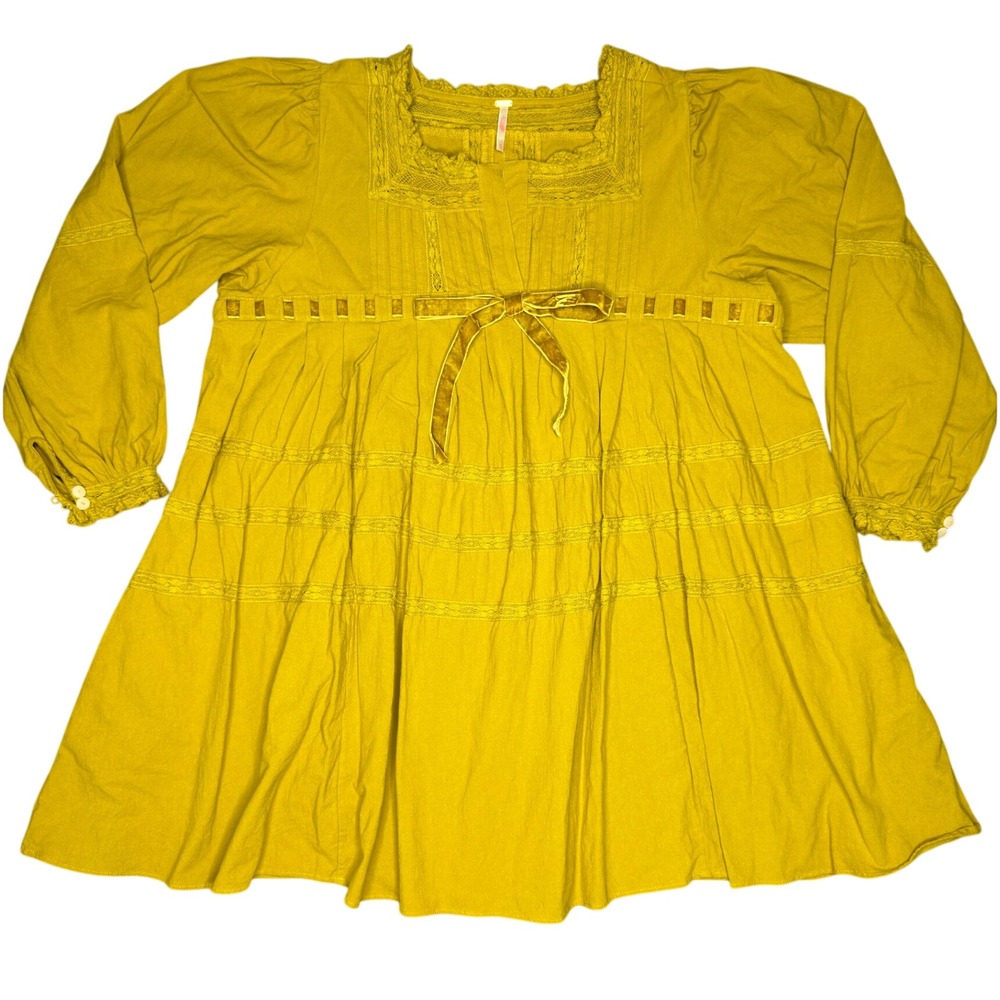 Free People XL Tea Time Mini Dress Babydoll Tunic Chartreuse Lace Trim Boho